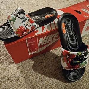 Nike Floral Slide Sandals - Black, White, Red